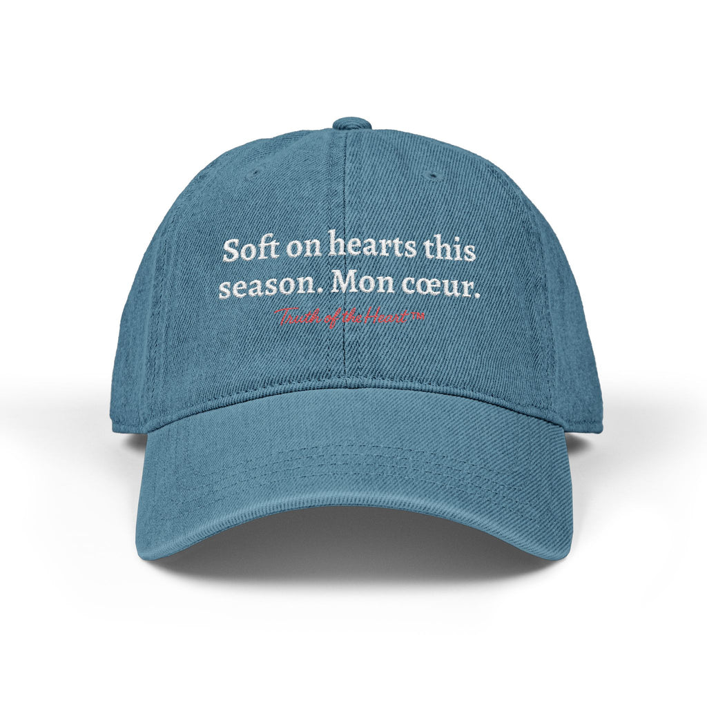 Denim Hat — “Soft on hearts this season. Mon coeur.” (French)