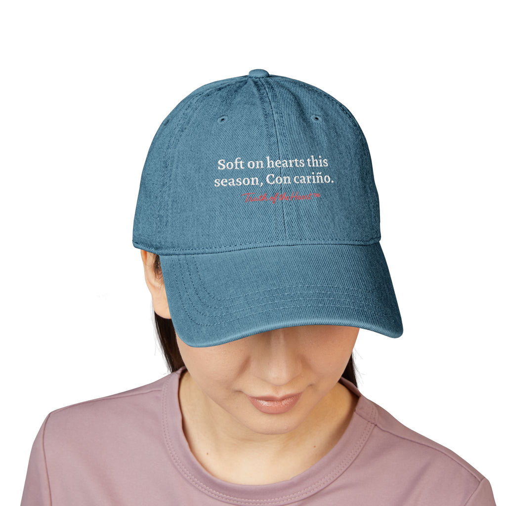 Denim Hat — "Soft on hearts this season. Con cariño." (Spanish)