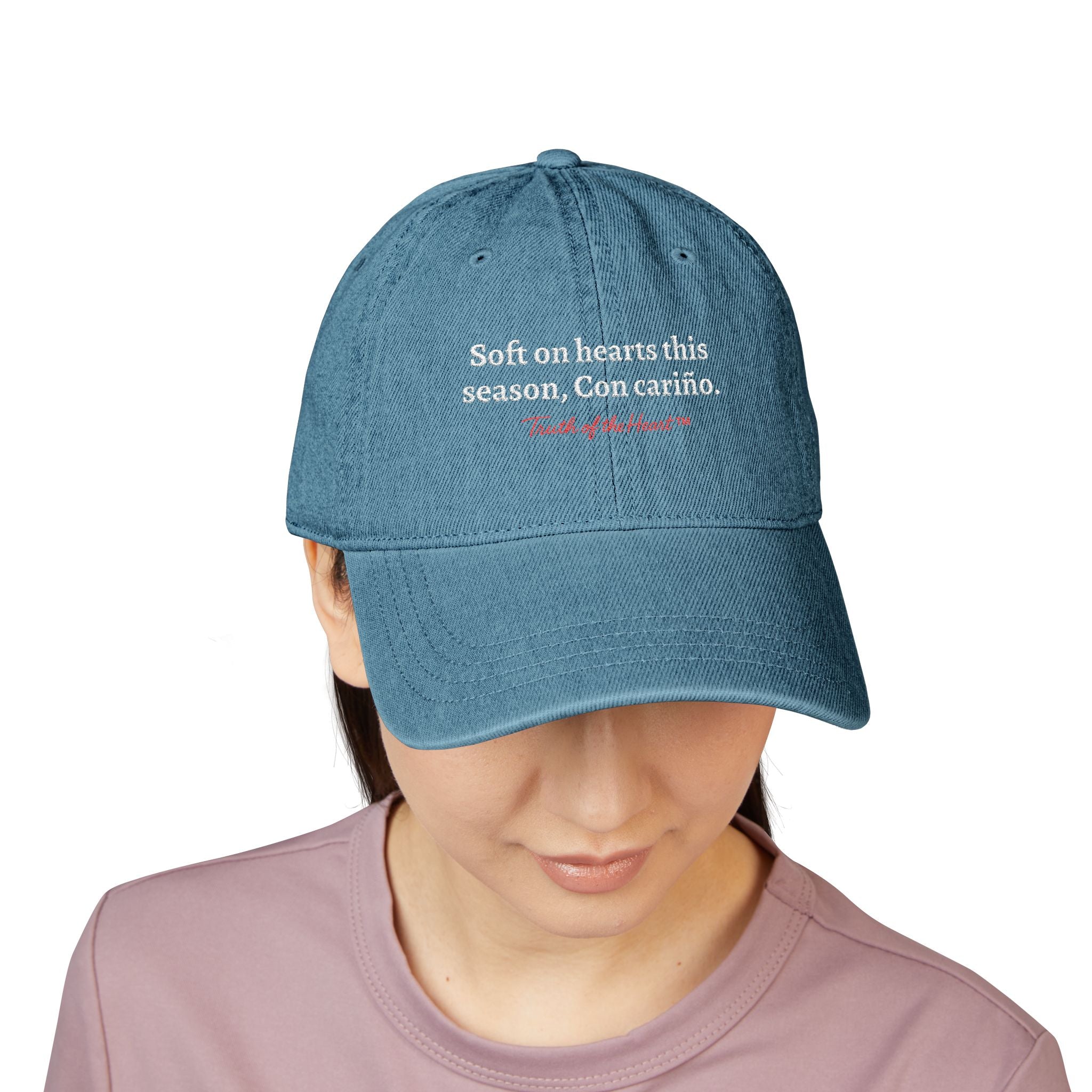 Denim Hat — "Soft on hearts this season. Con cariño." (Spanish)