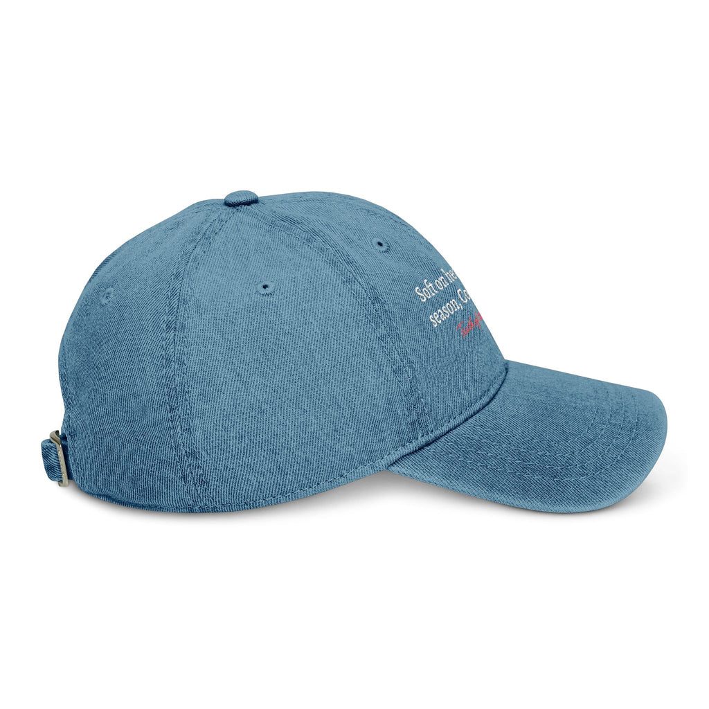 Denim Hat — "Soft on hearts this season. Con cariño." (Spanish)