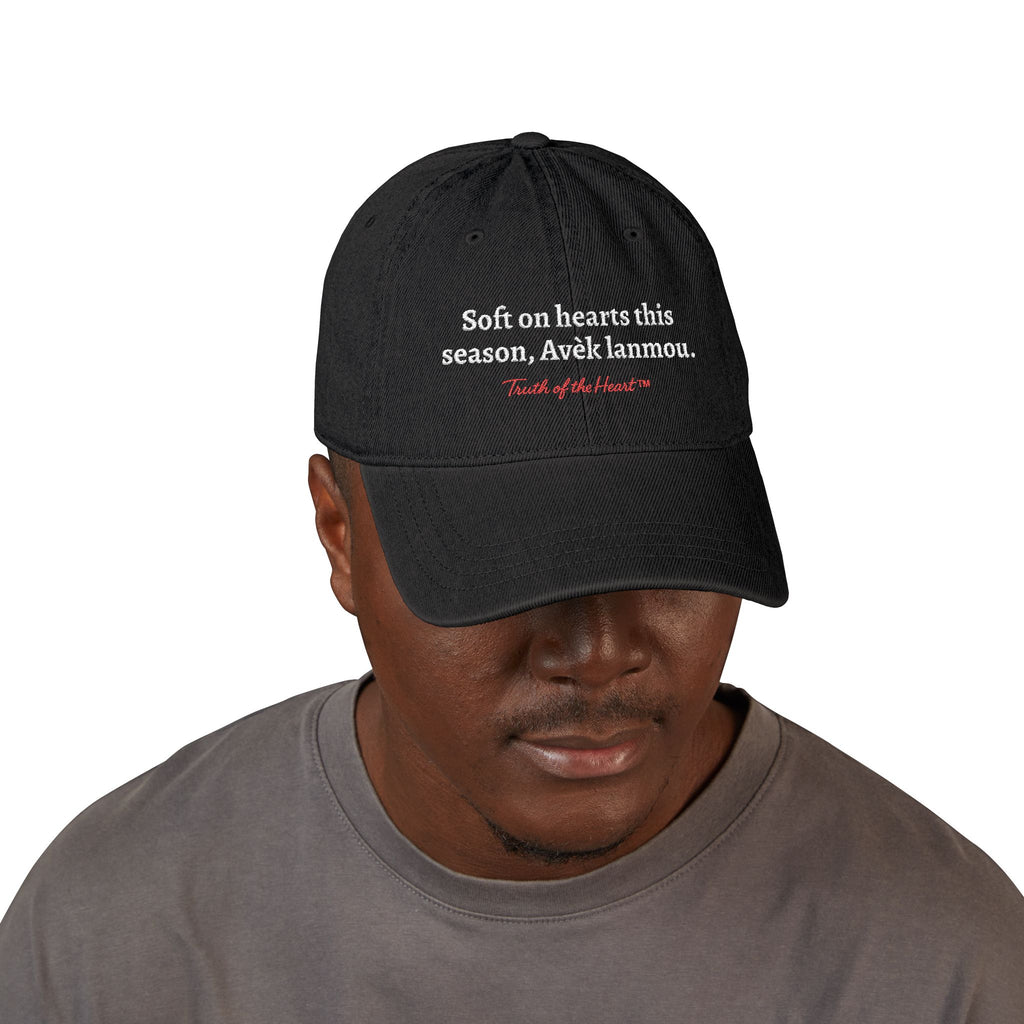 Denim Hat — “Soft on hearts this season, Avec l'amour” (Haitian Creole)