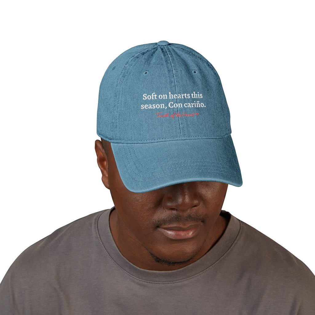 Denim Hat — "Soft on hearts this season. Con cariño." (Spanish)